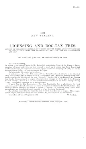 LICENSING AND DOG-TAX FEES. (OPINION OF THE SOLICITOR-GENERAL AS TO RIGHT OF TOWN BOARDS AND COUNTY COUNCILS TO FEES PAYABLE UNDER "THE LICENSING ACT, 1881," AND "THE DOG REGISTRATION ACT, 1880.")