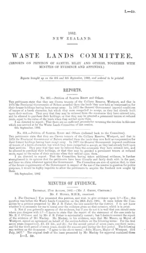 WASTE LANDS COMMITTEE. (REPORTS ON PETITION OF SAMUEL RILEY AND OTHERS, TOGETHER WITH MINUTES OF EVIDENCE AND APPENDIX.)