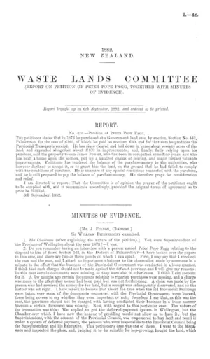 WASTE LANDS COMMITTEE (REPORT ON PETITION OF PETER POPE FAGG, TOGETHER WITH MINUTES OF EVIDENCE).