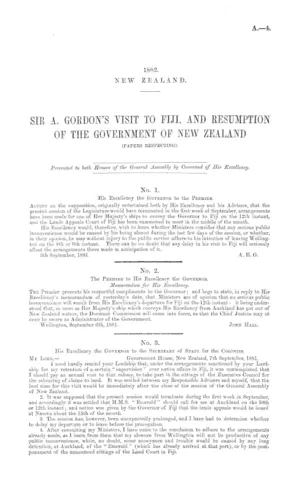 SIR A. GORDON'S VISIT TO FIJI, AND RESUMPTION OF THE GOVERNMENT OF NEW ZEALAND (PAPERS RESPECTING).