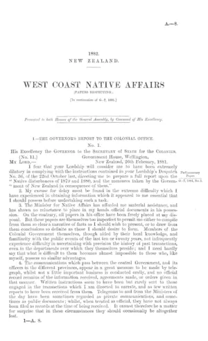 WEST COAST NATIVE AFFAIRS (PAPERS RESPECTING). [In continuation of G.-7, 1881.]