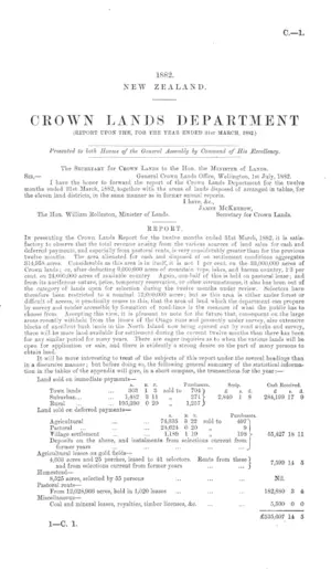 CROWN LANDS DEPARTMENT (REPORT UPON THE, FOR THE YEAR ENDED 31st MARCH, 1882.)