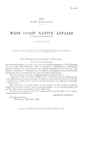 WEST COAST NATIVE AFFAIRS (FURTHER PAPER RESPECTING). [In continuation of A.Â—8.]