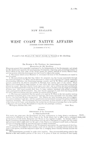 WEST COAST NATIVE AFFAIRS (FURTHER PAPERS RESPECTING). [In Continuation of A.-8a.]