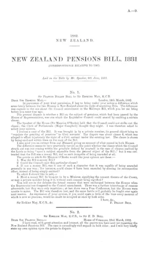 NEW ZEALAND PENSIONS BILL, 1881 (CORRESPONDENCE RELATIVE TO THE).