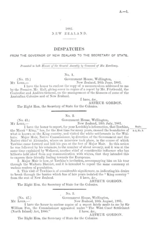 DESPATCHES FROM THE GOVERNOR OF NEW ZEALAND TO THE SECRETARY OF STATE.