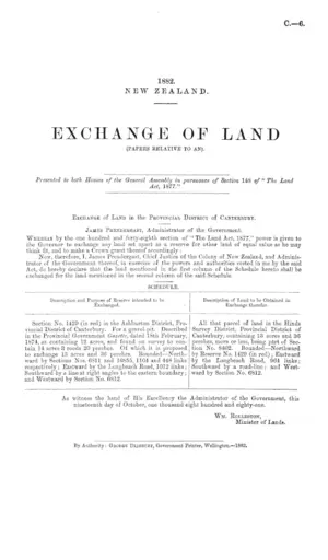 EXCHANGE OF LAND (PAPERS RELATIVE TO AN).