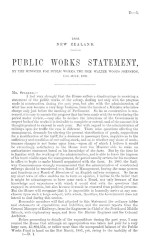 PUBLIC WORKS STATEMENT, BY THE MINISTER FOR PUBLIC WORKS, THE HON. WALTER WOODS JOHNSTON, 11th JULY, 1882.