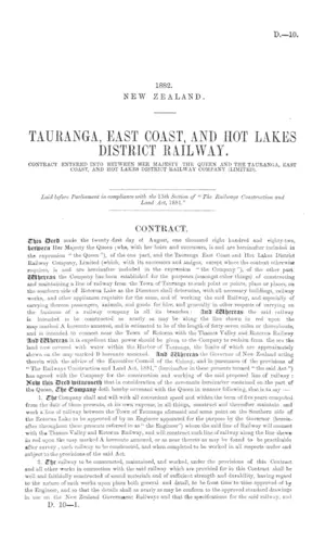 TAURANGA, EAST COAST, AND HOT LAKES DISTRICT RAILWAY. CONTRACT ENTERED INTO BETWEEN HER MAJESTY THE QUEEN AND THE TAURANGA, EAST COAST, AND HOT LAKES DISTRICT RAILWAY COMPANY (LIMITED).