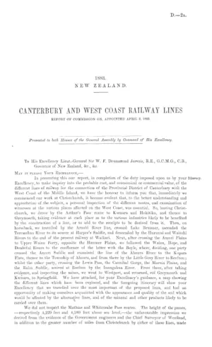 CANTERBURY AND WEST COAST RAILWAY LINES REPORT OF COMMISSION ON, APPOINTED APRIL 2, 1883.