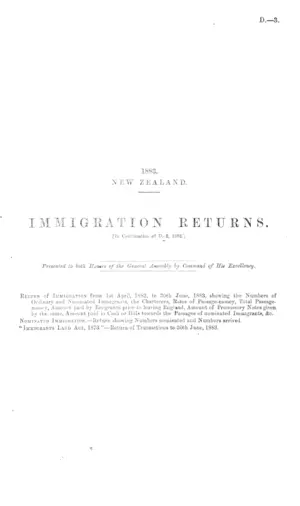 IMMIGRATION RETURNS. [In Continuation of D.-2, 1882.]