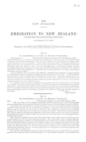 EMIGRATION TO NEW ZEALAND (LETTERS FROM THE AGENT-GENERAL RESPECTING). [In Continuation of D.-1, 1880.]