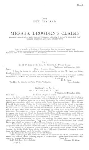 MESSRS. BROGDEN'S CLAIMS (CORRESPONDENCE BETWEEN THE GOVERNMENT AND MR. C. W. CAVE, SOLICITOR FOR MESSRS. BROGDEN AND SONS, RELATIVE TO).