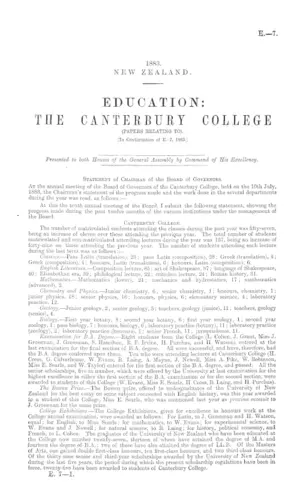 EDUCATION: THE CANTERBURY COLLEGE (PAPERS RELATING TO). [In Continuation of E.-7, 1882.]