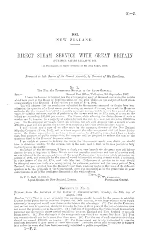 DIRECT STEAM SERVICE WITH GREAT BRITAIN (FURTHER PAPERS RELATIVE TO). [In Continuation of Papers presented on the 28th August, 1882.]