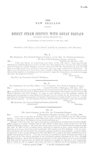 DIRECT STEAM SERVICE WITH GREAT BRITAIN (FURTHER PAPERS RELATIVE TO). [In Continuation of Papers presented on 14th June, 1883.]