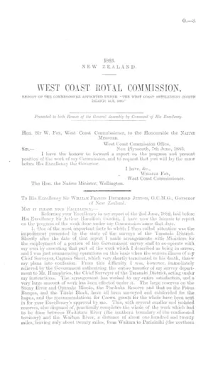 WEST COAST ROYAL COMMISSION. REPORT OF THE COMMISSIONER APPOINTED UNDER "THE WEST COAST SETTLEMENT (NORTH ISLAND) ACT, 1880."