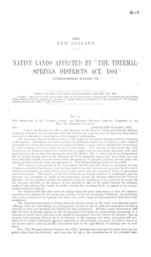 NATIVE LANDS AFFECTED BY "THE THERMALSPRINGS DISTRICTS ACT, 1881" (CORRESPONDENCE RELATING TO).