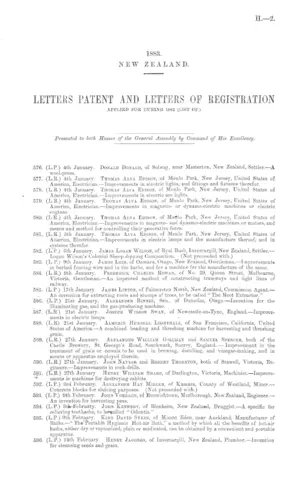 LETTERS PATENT AND LETTERS OF REGISTRATION APPLIED FOR DURING 1882 (LIST OF.)