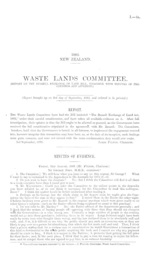 WASTE LANDS COMMITTEE. (REPORT ON THE RUSSELL EXCHANGE OF LAND BILL, TOGETHER WITH MINUTES OF PROCEEDINGS AND APPENDIX.)