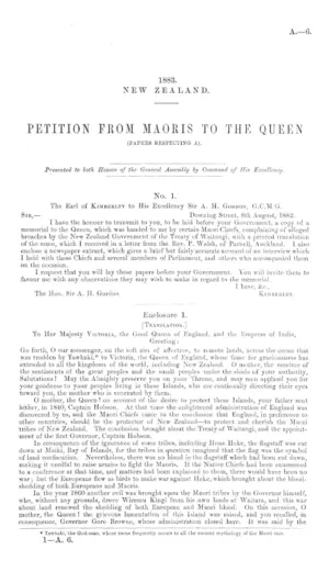 PETITION FROM MAORIS TO THE QUEEN (PAPERS RESPECTING A).