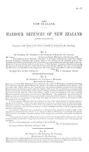 HARBOUR DEFENCES OF NEW ZEALAND (PAPERS RELATING TO).