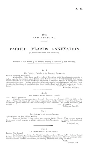 PACIFIC ISLANDS ANNEXATION (PAPERS RESPECTING THE PROPOSED).