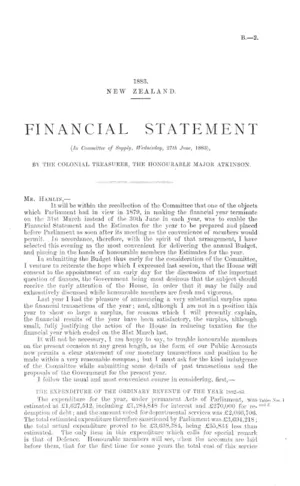 FINANCIAL STATEMENT (In Committee of Supply, Wednesday, 27th June, 1883), BY THE COLONIAL TREASURER, THE HONOURABLE MAJOR ATKINSON.
