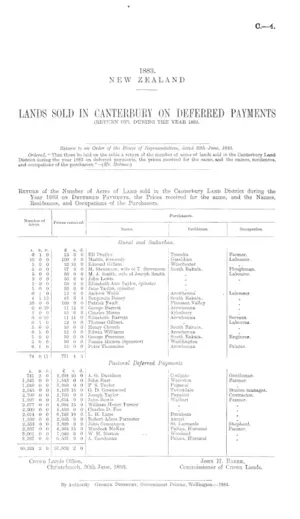 LANDS SOLD IN CANTERBURY ON DEFERRED PAYMENTS (RETURN OF), DURING THE YEAR 1883.