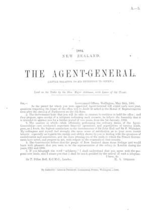 THE AGENT-GENERAL. (LETTER RELATIVE TO HIS RETENTION IN OFFICE.)