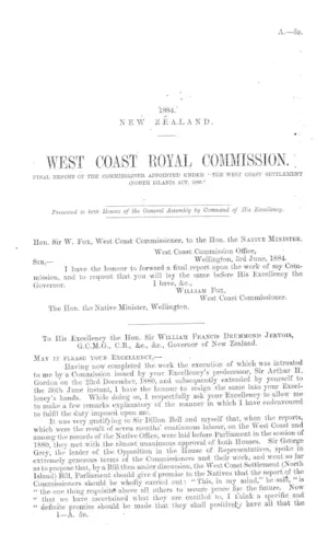 WEST COAST ROYAL COMMISSION. FINAL REPORT OF THE COMMISSIONER APPOINTED UNDER "THE WEST COAST SETTLEMENT (NORTH ISLAND) ACT, 1880."
