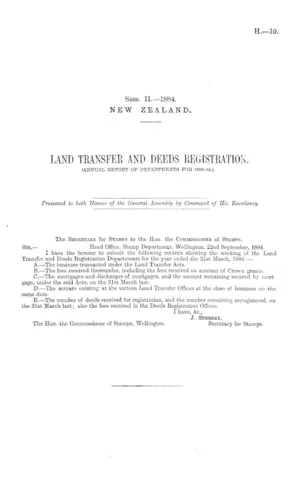 LAND TRANSFER AND DEEDS REGISTRATION. (ANNUAL REPORT OF DEPARTMENTS FOR 1883-84.)