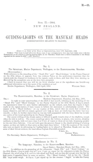 GUIDING-LIGHTS ON THE MANUKAU HEADS (CORRESPONDENCE RELATING TO PLACING).