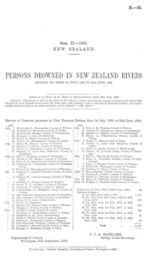 PERSONS DROWNED IN NEW ZEALAND RIVERS (RETURN OF), FROM 1st JULY, 1883, TO 30TH JUNE, 1884.