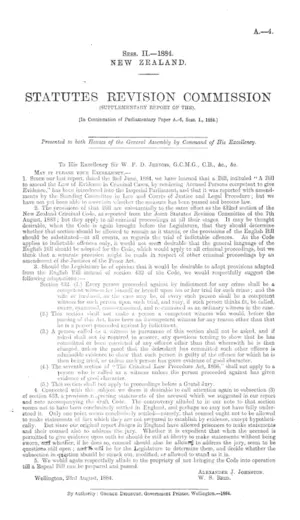 STATUTES REVISION COMMISSION (SUPPLEMENTARY REPORT OF THE). [In Continuation of Parliamentary Paper A.-6, Sess. I., 1884.]