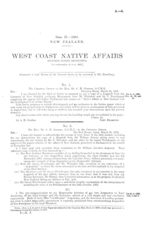 WEST COAST NATIVE AFFAIRS (FURTHER PAPERS RESPECTING). [In continuation of A.-4, 1883.]