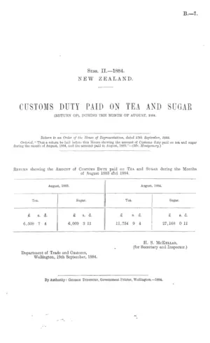 CUSTOMS DUTY PAID ON TEA AND SUGAR (RETURN OF), DURING THE MONTH OF AUGUST, 1884.