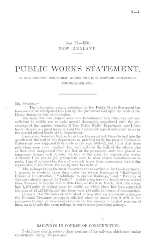 PUBLIC WORKS STATEMENT, BY THE MINISTER FOR PUBLIC WORKS, THE HON. EDWARD RICHARDSON, 24th OCTOBER, 1884.