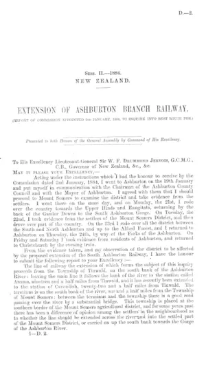 EXTENSION OF ASHBURTON BRANCH RAILWAY, (REPORT OF COMMISSION APPOINTED 2nd JANUARY, 1884, TO INQUIRE INTO BEST ROUTE FOR.)