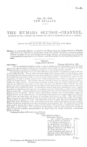THE KUMARA SLUDGE-CHANNEL. (PETITION OF MR. A. MILLER AND OTHERS, AND REPORT THEREON BY MR. H. A. GORDON.)