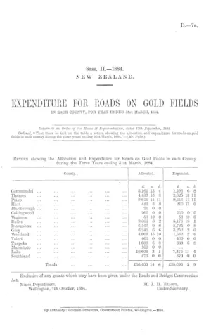 EXPENDITURE FOR ROADS ON GOLD FIELDS IN EACH COUNTY, FOR YEAR ENDED 31st MARCH, 1884.