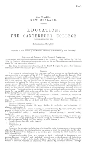 EDUCATION: THE CANTERBURY COLLEGE (PAPERS RELATING TO). [In Continuation of E.-7, 1883.]