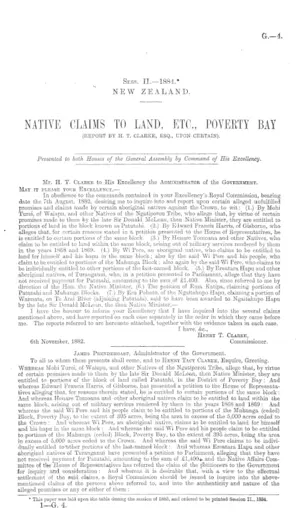 NATIVE CLAIMS TO LAND, ETC., POVERTY BAY (REPORT BY H. T. CLARKE, ESQ., UPON CERTAIN).