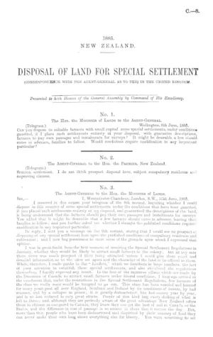 DISPOSAL OF LAND FOR SPECIAL SETTLEMENT (CORRESPONDENCE WITH THE AGENT-GENERAL AS TO THE) IN THE UNITED KINGDOM.
