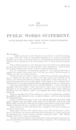 PUBLIC WORKS STATEMENT, BY THE MINISTER FOR PUBLIC WORKS, THE HON. EDWARD RICHARDSON, 25th AUGUST, 1885.