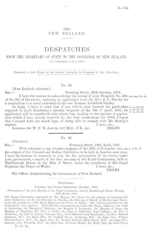 DESPATCHES FROM THE SECRETARY OF STATE TO THE GOVERNOR OF NEW ZEALAND. [In Continuation of A.-2, 1885.]
