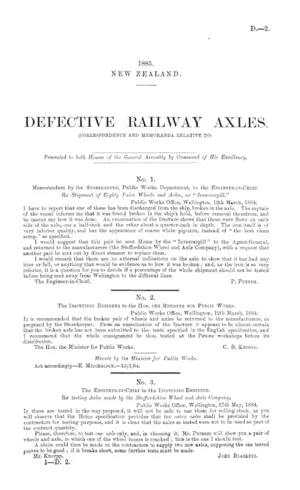DEFECTIVE RAILWAY AXLES. (CORRESPONDENCE AND MEMORANDA RELATIVE TO)