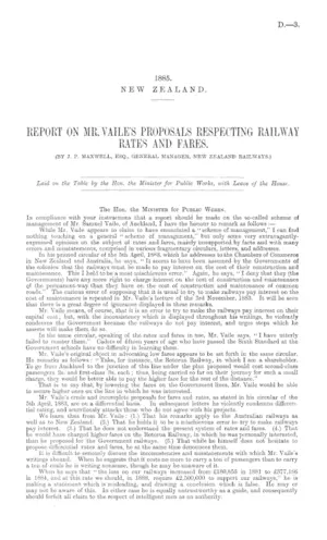 REPORT ON MR. VAILE'S PROPOSALS RESPECTING RAILWAY RATES AND FARES. (BY J. P. MAXWELL, ESQ., GENERAL MANAGER, NEW ZEALAND RAILWAYS.)