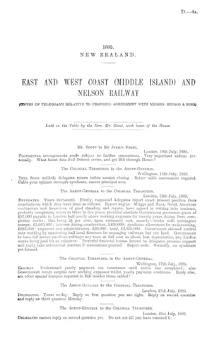 EAST AND WEST COAST (MIDDLE ISLAND) AND NELSON RAILWAY (COPIES OF TELEGRAMS RELATIVE TO PROPOSED AGREEMENT WITH MESSRS. MEIGGS & SONS)