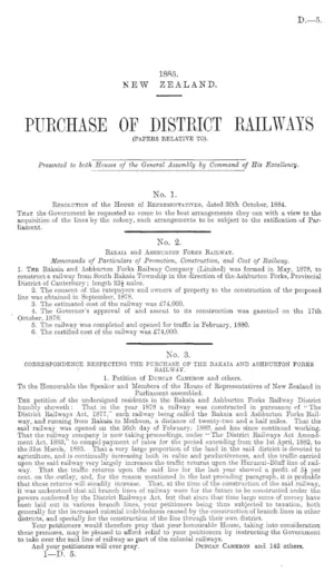 PURCHASE OF DISTRICT RAILWAYS (PAPERS RELATIVE TO).